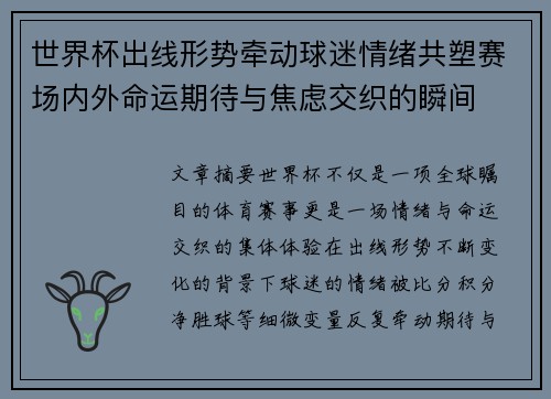 世界杯出线形势牵动球迷情绪共塑赛场内外命运期待与焦虑交织的瞬间