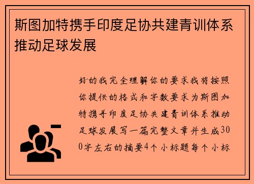 斯图加特携手印度足协共建青训体系推动足球发展 斯图加特携手印度足协共建青训体系推动足球发展